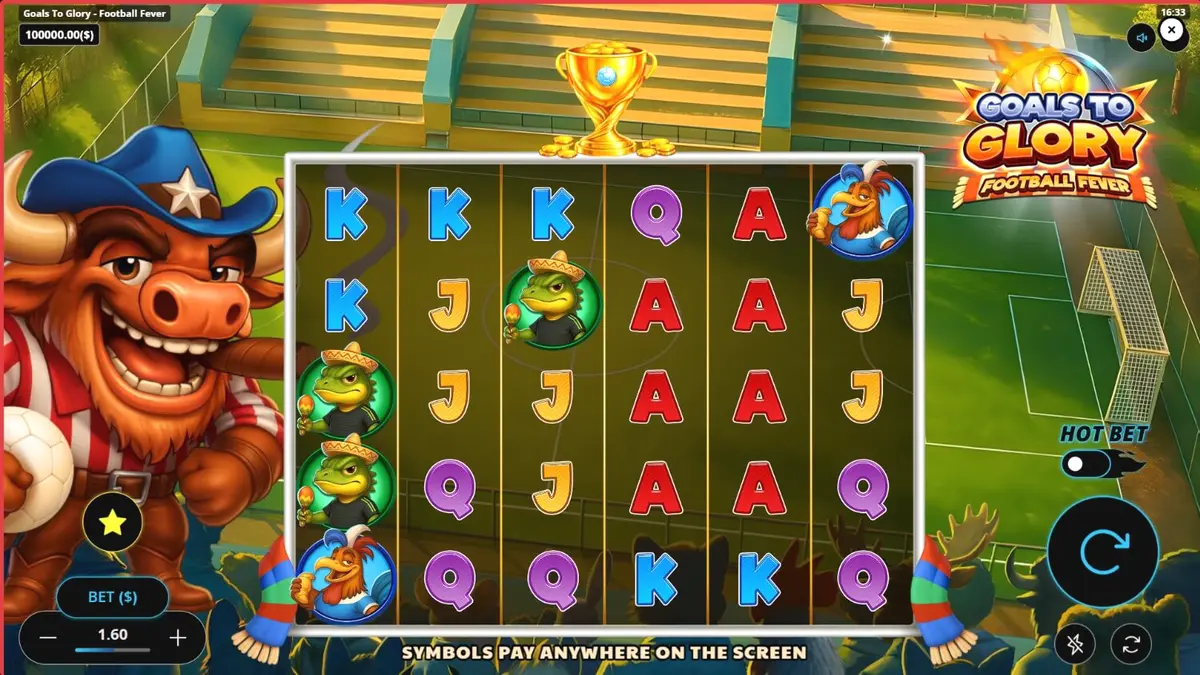 Tampilan visual slot Goals to Glory Football Fever dengan karakter hewan pemain sepak bola